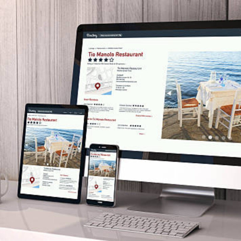 Digital generated devices on desktop, responsive blank mock-up with online directory website on screen. All screen graphics are made up. 3d rendering.